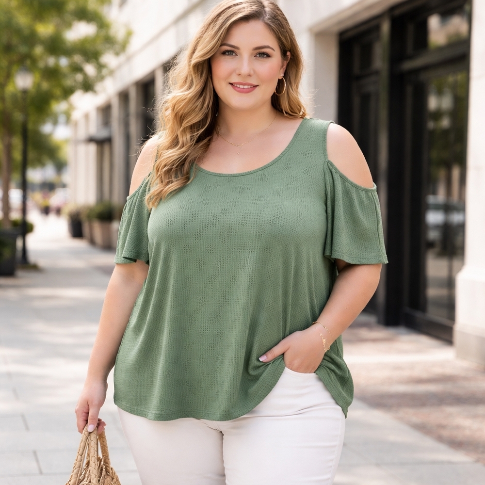 Penningtons Shape Fit Polka Dot Cold Shoulder Top | Sage Green Stretch Plus Size